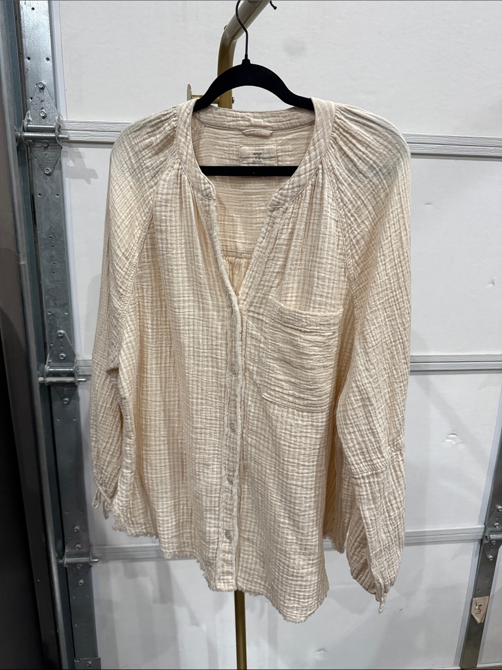 aerie Cream Crinkled Button-Front Blouse